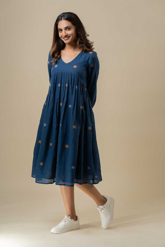 Blue Muslin Cotton Floral Jamdani Dress