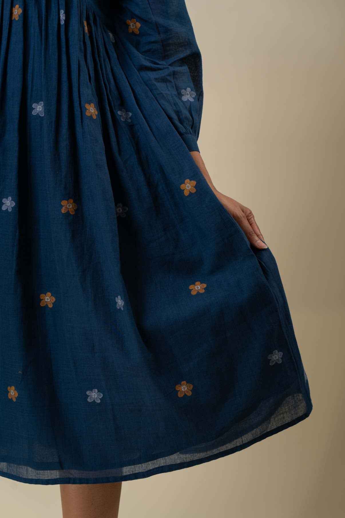 Blue Muslin Cotton Floral Jamdani Dress