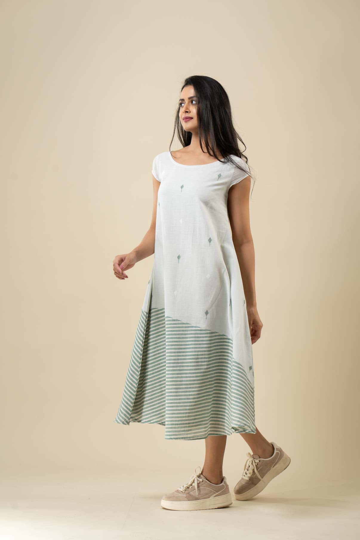 Mint Blue Jamdani Dress with Stripes Border