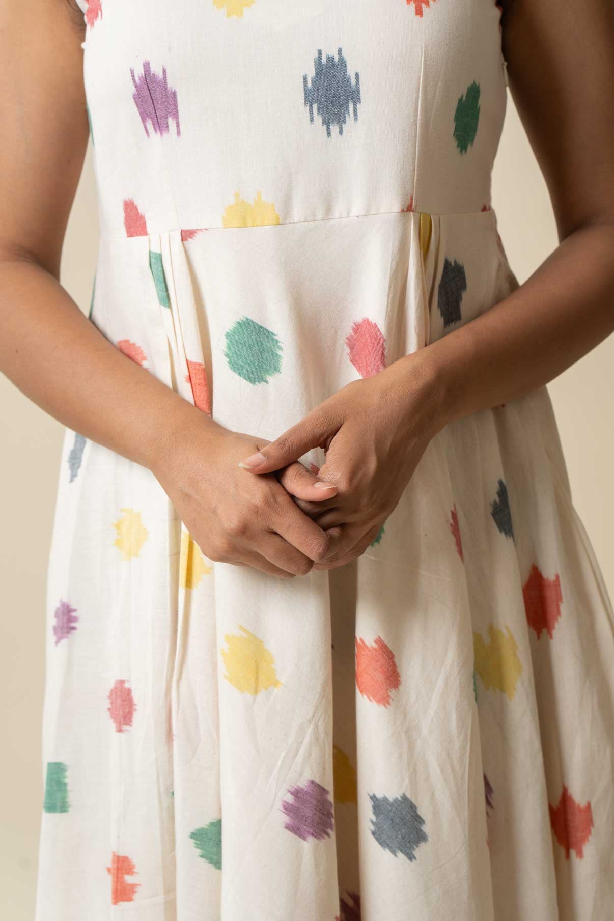 Beige Ikkat mutli colored buttis dress