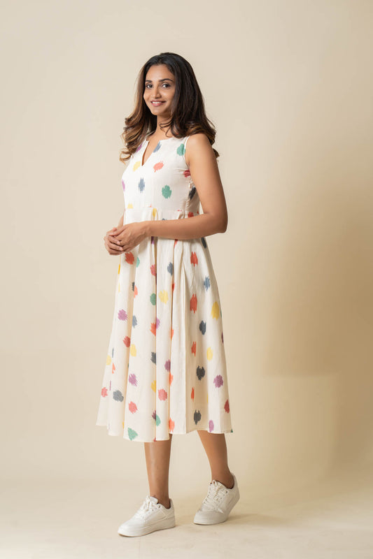 Beige Ikkat mutli colored buttis dress