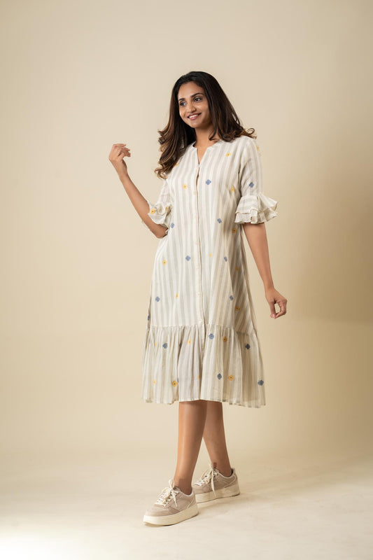 Creme and grey striped floral jamdani dress