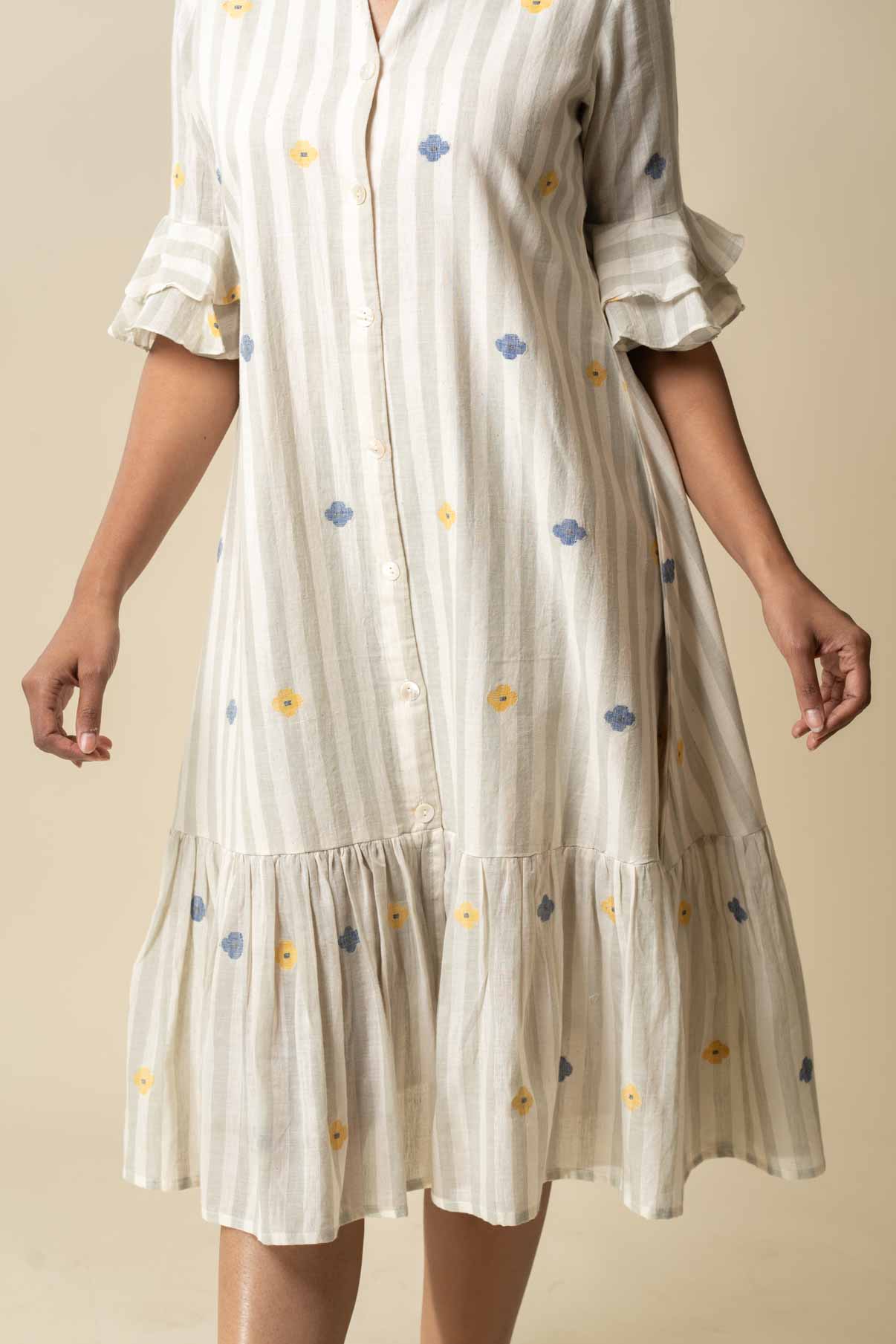 Creme and grey striped floral jamdani dress