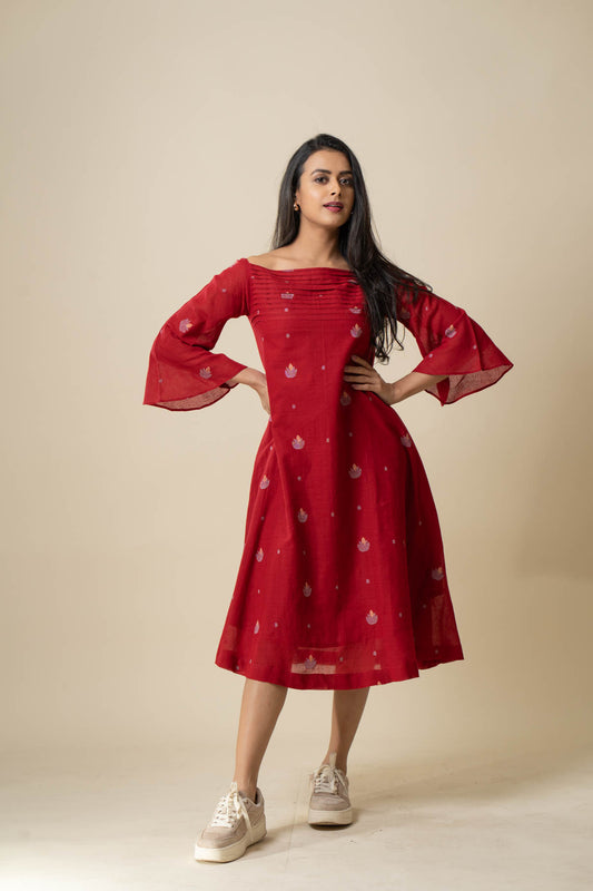 Red A-line Jamdani dress