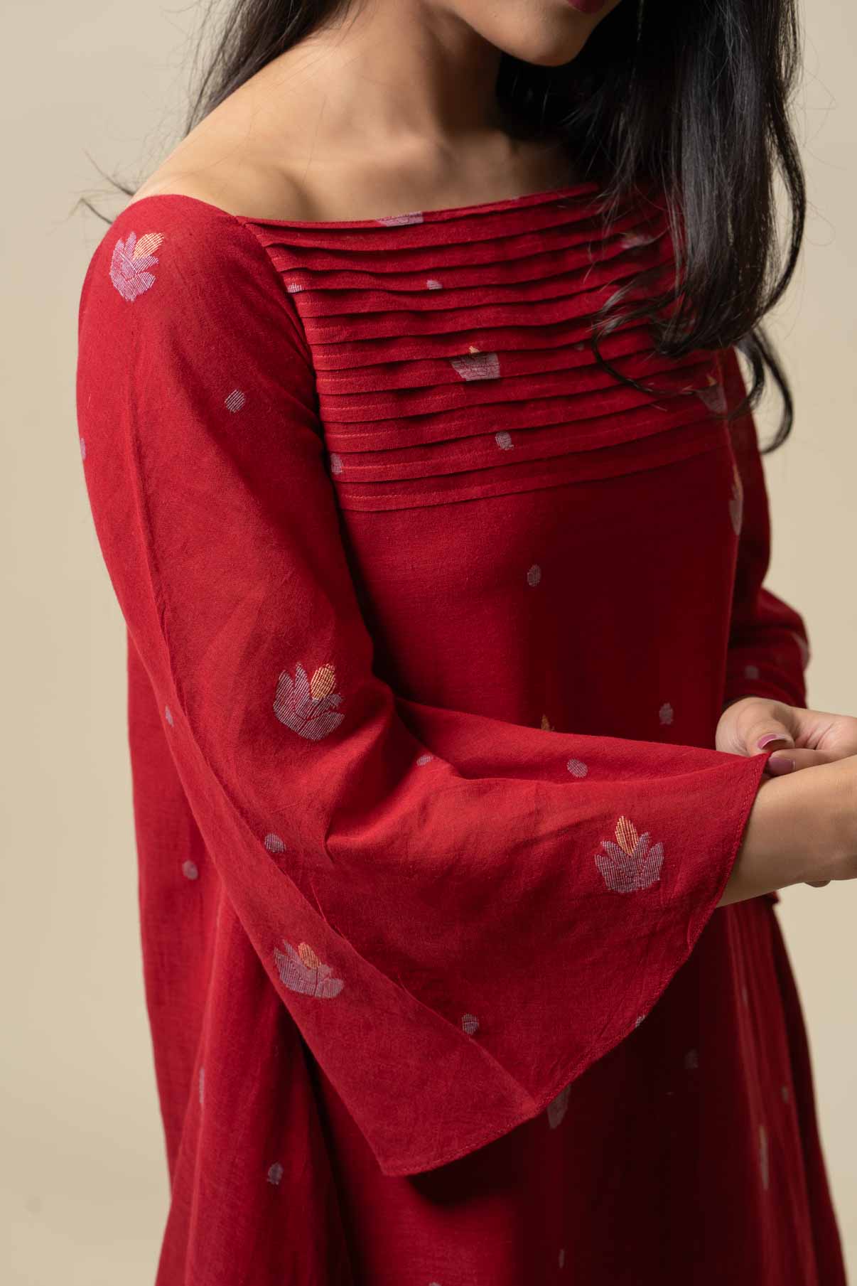 Red A-line Jamdani dress