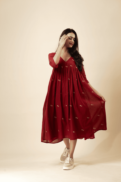 Red Muslin Jamdani Dress – Deep Red Ethnic Wear