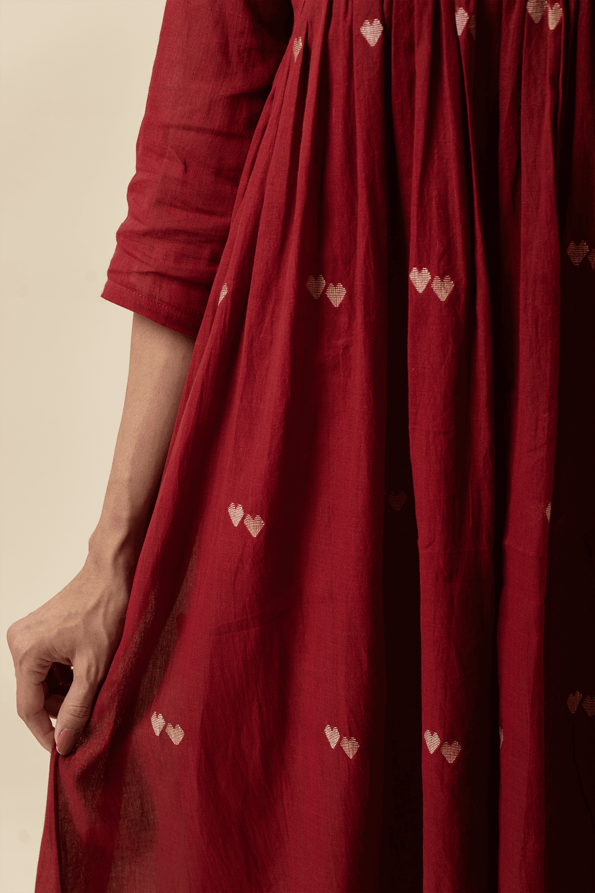 Red Muslin Jamdani Dress – Deep Red Ethnic Wear
