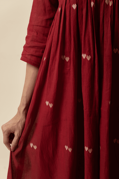 Red Muslin Jamdani Dress – Deep Red Ethnic Wear