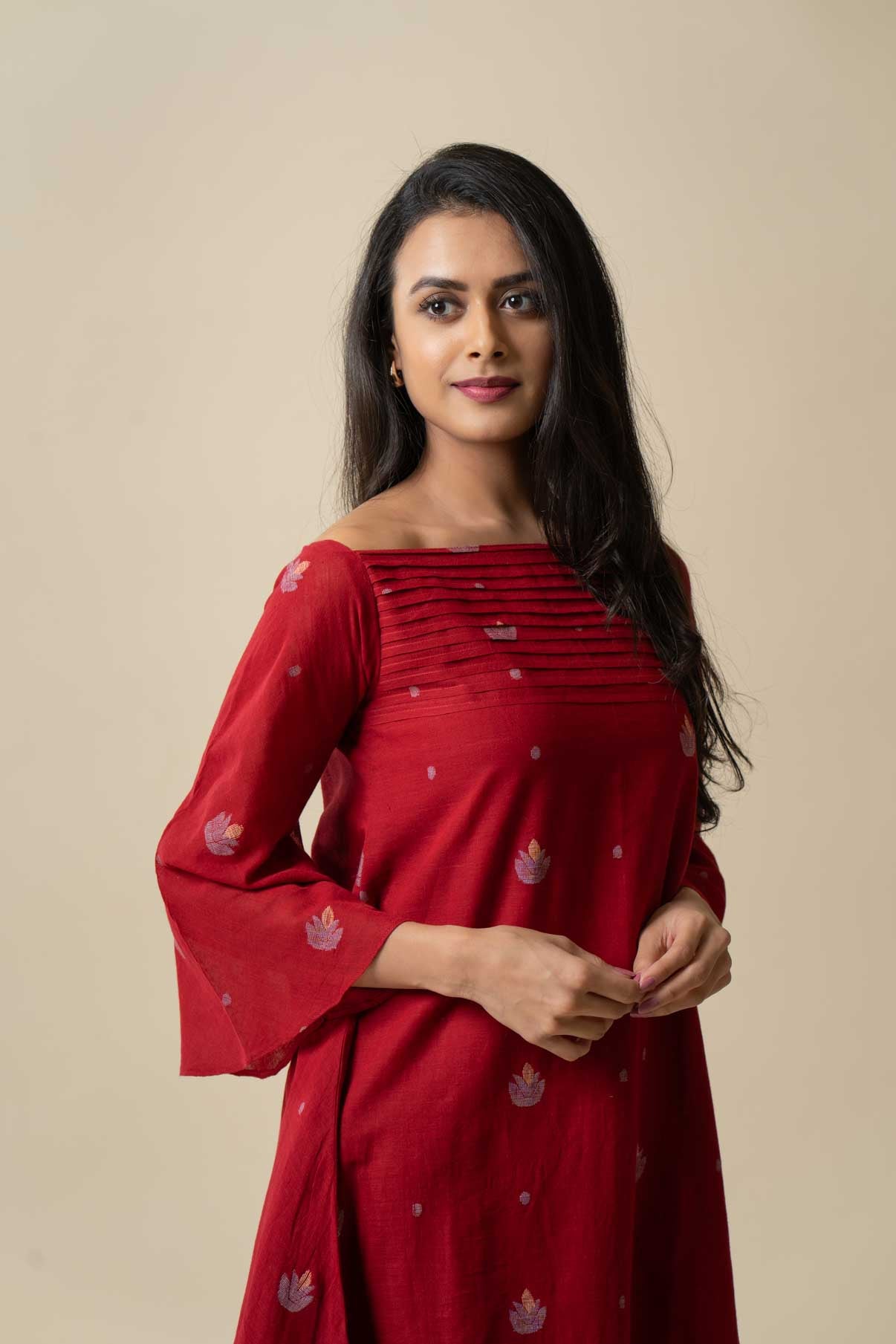 Red A-line Jamdani dress