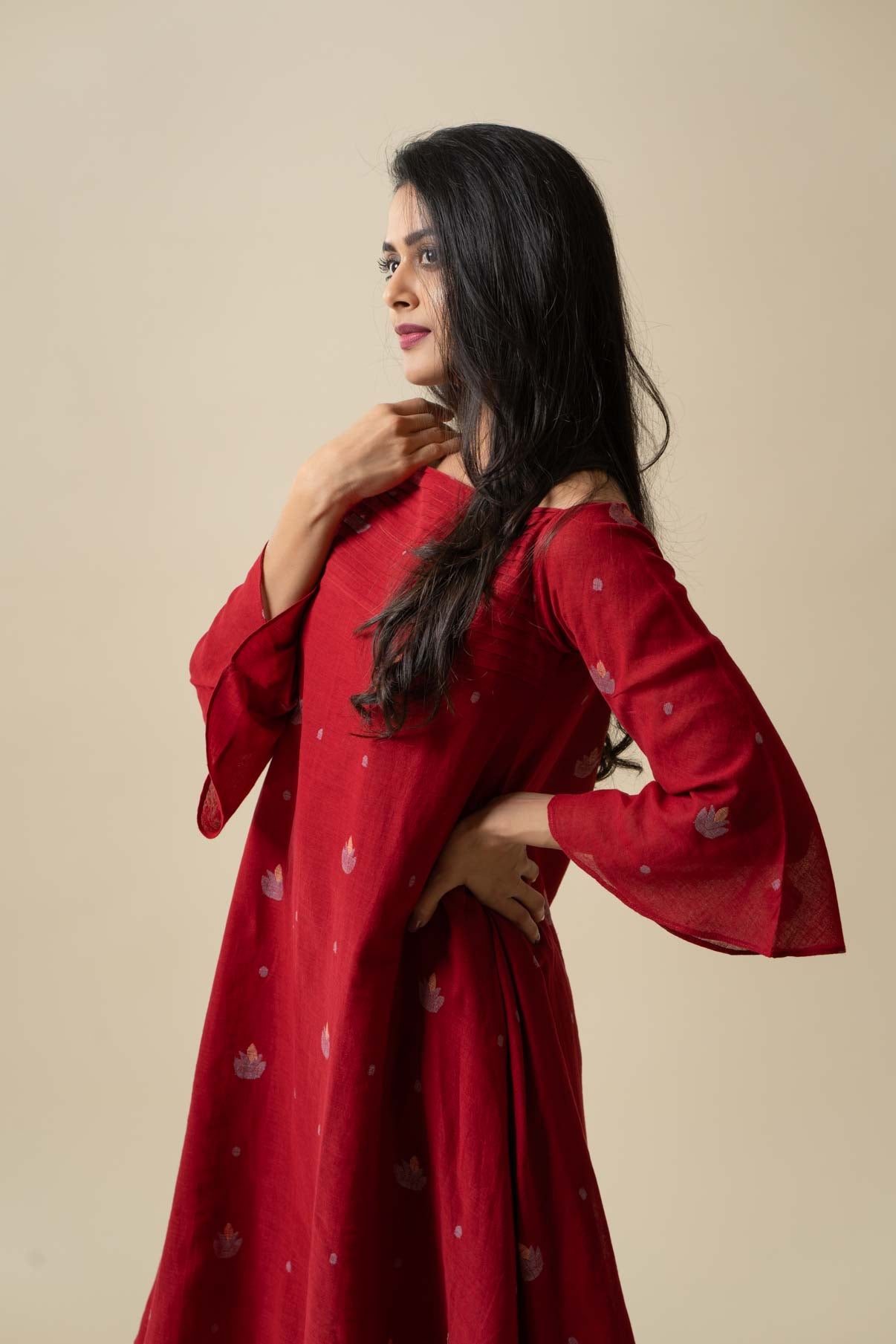 Red A-line Jamdani dress