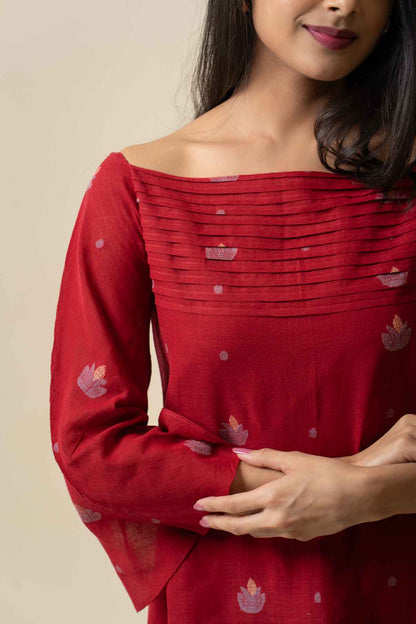 Red A-line Jamdani dress